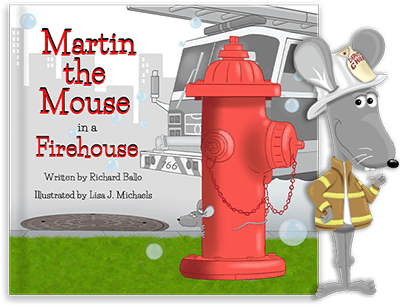 Martin the Mouse leaning against the cover of Martin the Mouse in the Firehouse children's picture book by award-winning author Richard Ballo